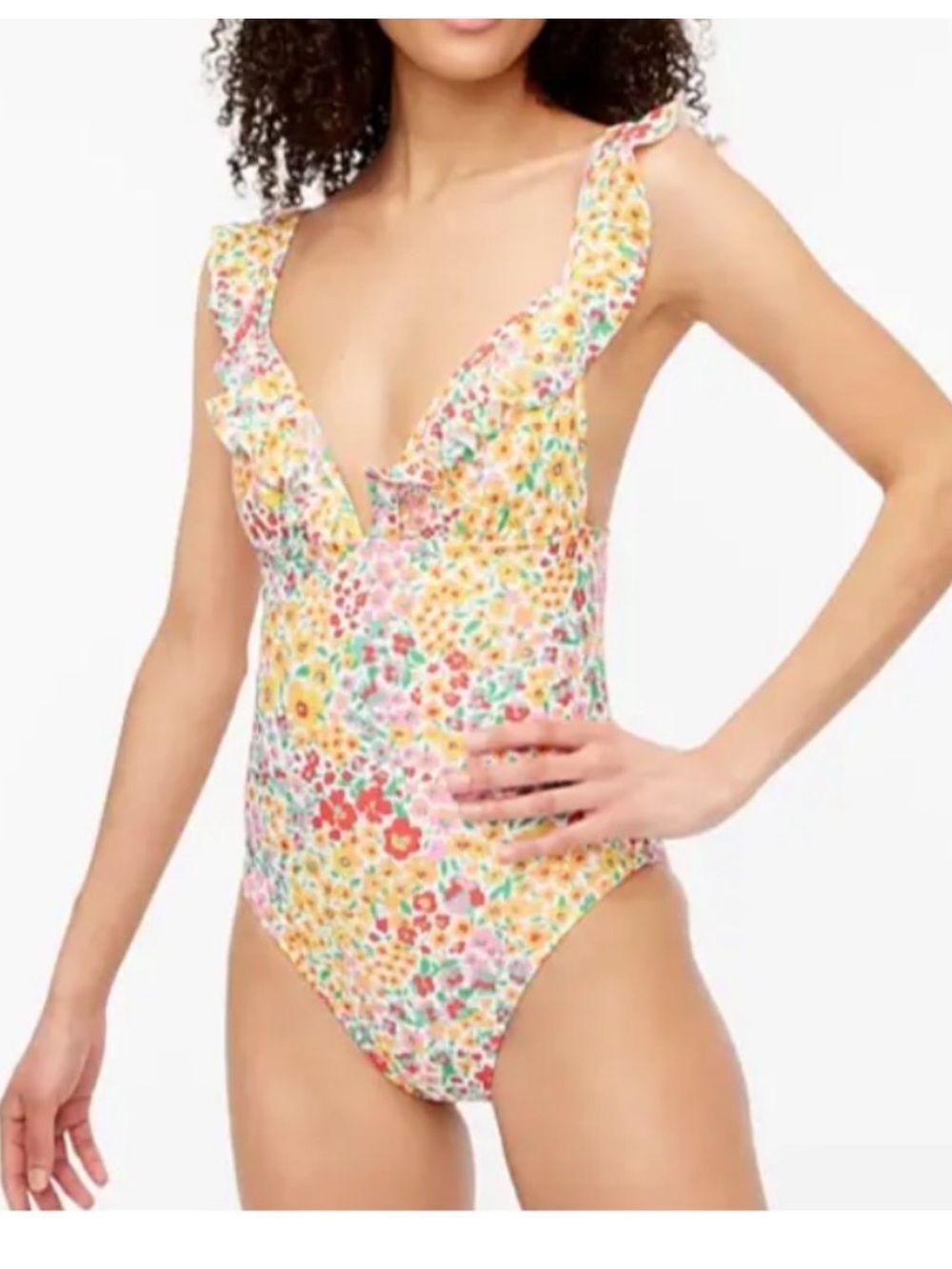 J. Crew Factory Floral Ruffle Shoulder V Neck One Piece Swimsuit Size XL